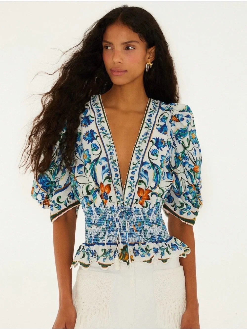 FARM Rio Blue & Orange Floral Smocked Waist V-Neck Puff Sleeve Top